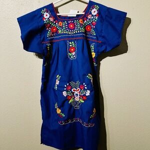 Girls Blue Dress Floral Embroidery‎ Front & Back  Folk Ethnic Boho Size 6
